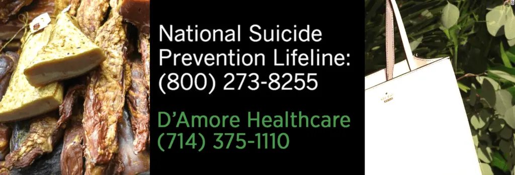 Suicide prevention hotline and D'Amore Healthcare contact information.