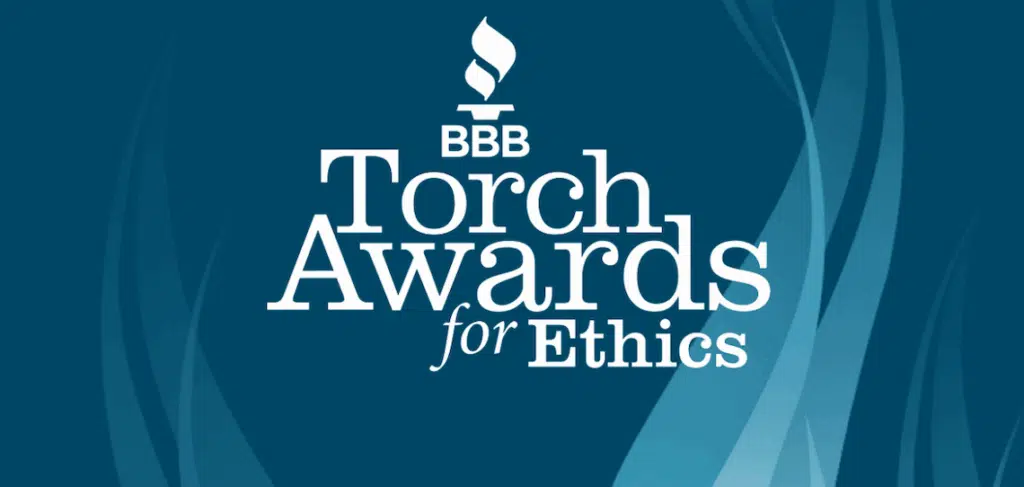 BBB Torch Awards for Ethics logo with blue background and flame icon.